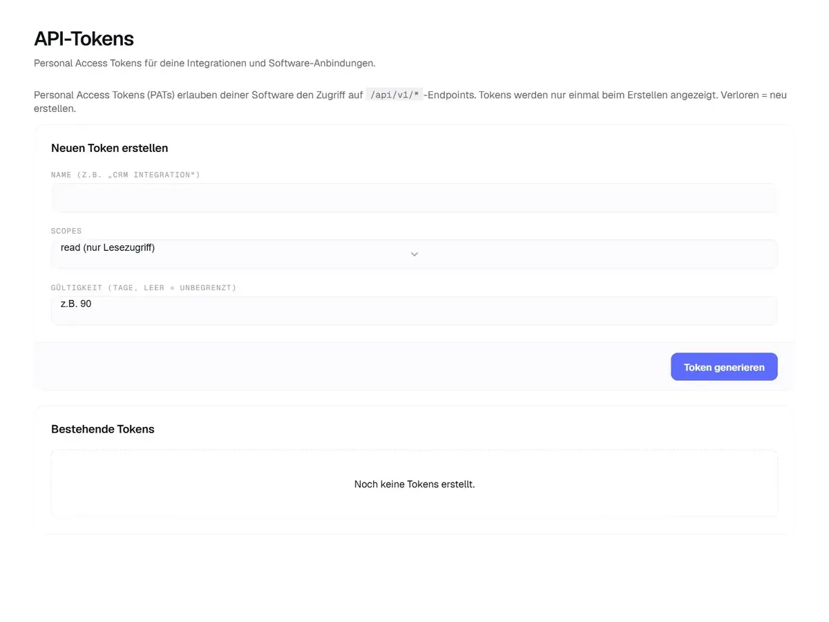 Die API-Token-Verwaltung von Aufnamo