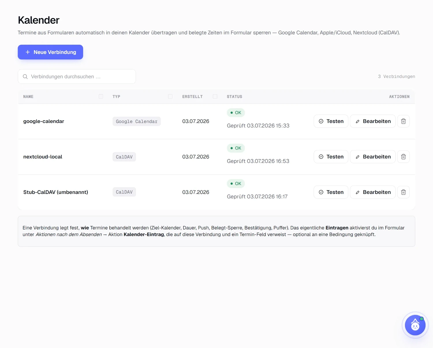 Die Kalender-Übersicht von Aufnamo mit angelegten Verbindungen